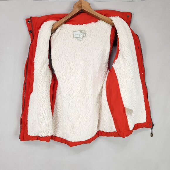 Green Tea Hooded Puffer Vest Sz Med Orange Red Faux Fur Zip Snap Up Sherpa Lined - Picture 10 of 10